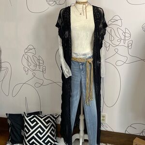 Boutique Kimono-Black Sheer Lace Maxi length with front tie O/S